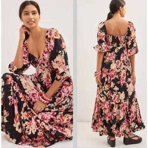 Anthropologie S Maxi Dress Blossom Floral Puff Sleeve Whisical Babydoll Midi